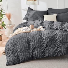 HYMOKE Dark Grey Duvet Cover Queen Size, Ultra Soft Seersuer Duvet