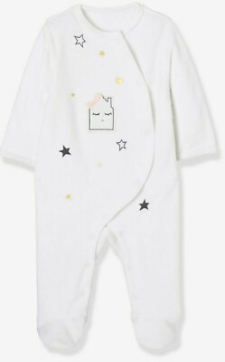 Baby Girl Velour White Babygrow, Front Press-Studs, 6-9 months - New