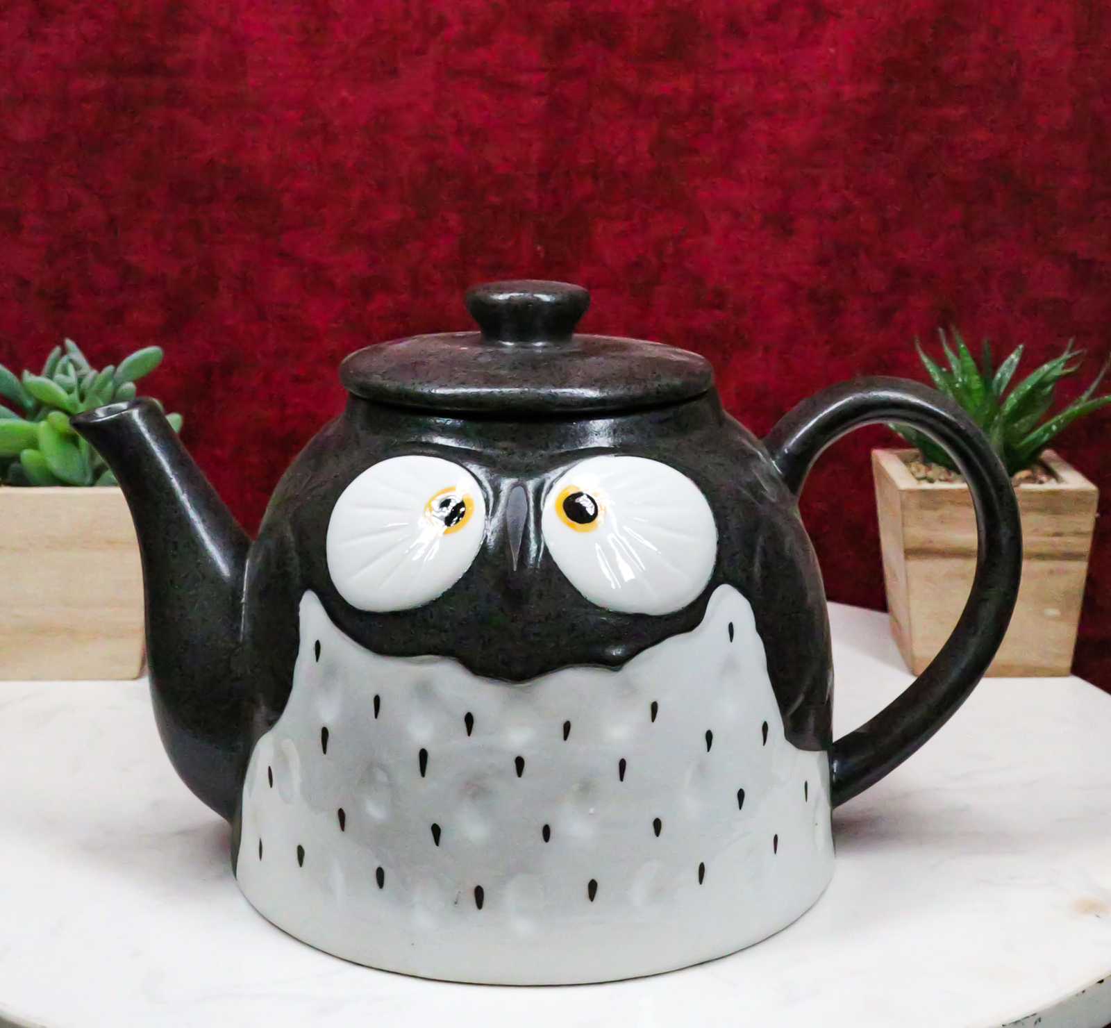 Whimsical Fat Black Owl Ceramic 52oz Large Tea Pot With Built In Strainer Spout