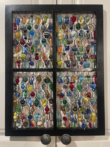 OOAK GLASS BEAD AND CRYSTAL SUN CATCHER WOOD FRAME W/CHICKEN WIRE 16" X 12" - Picture 3 of 8