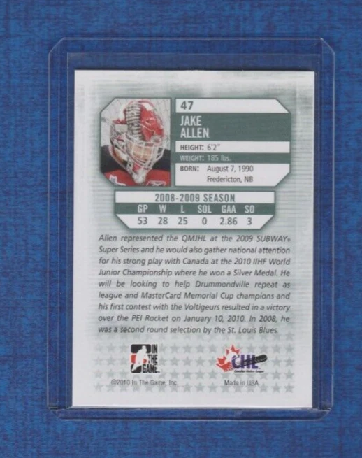 2009-10 ITG In The Game Between The Pipes Hockey # 47 Jake Allen Future Stars - Image 2 of 2