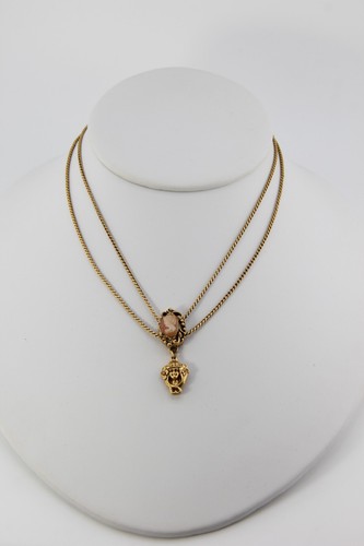 VTG Goldette NY Necklace, Double Strand Faux Cameo Slide Drop Art Nouveau Style - Picture 9 of 9