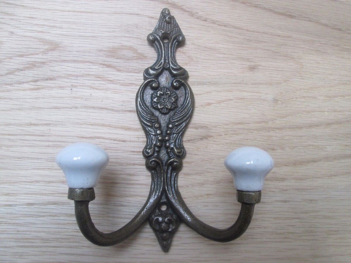 Cast iron shabby chic Rustic ornate decorative old french coat hook ceramic  tip