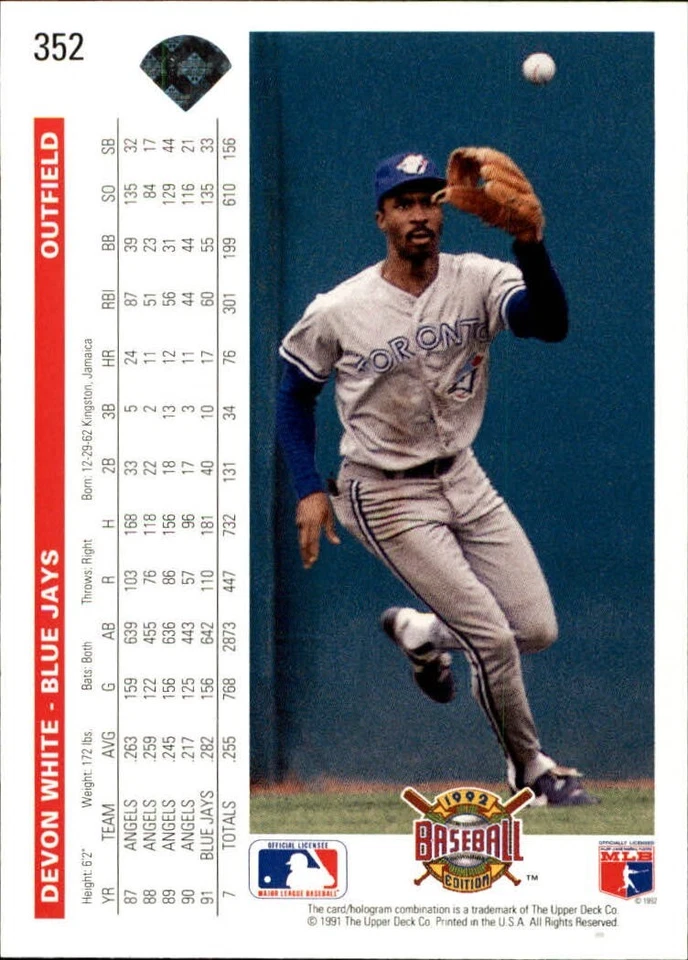 Devon White 1992 Upper Deck MLB #352 Baseball Card Toronto Blue Jays - Image 2 of 2