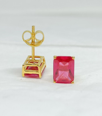 1.00 Ct Emerald Cut Simulated Pink Ruby Stud Earrings In 14K Yellow Gold Plated