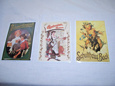 Blechschilder Postkarte Budweiser Budvar + Schultheiss Bock + Pilsner Urquell -