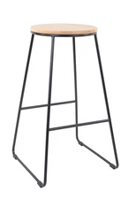 28"H Backless Stool Black Metal Base with Natural Wood Seat
