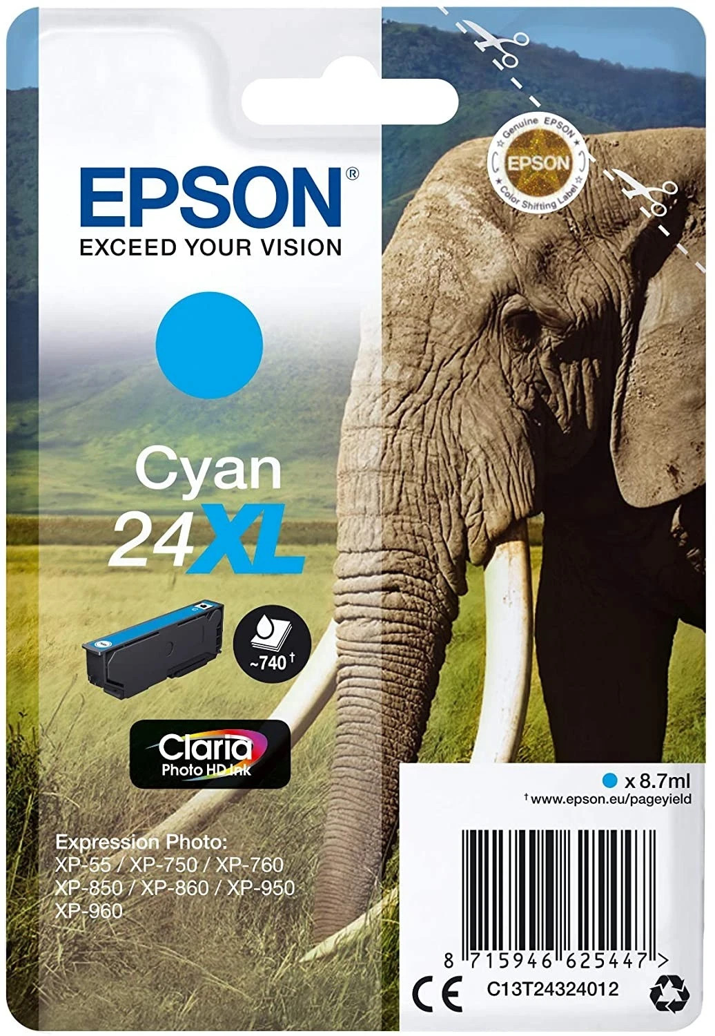 Genuine Original Epson 24XL Cyan Ink Cartridge, XP-750, XP-760, XP-960, XP-970