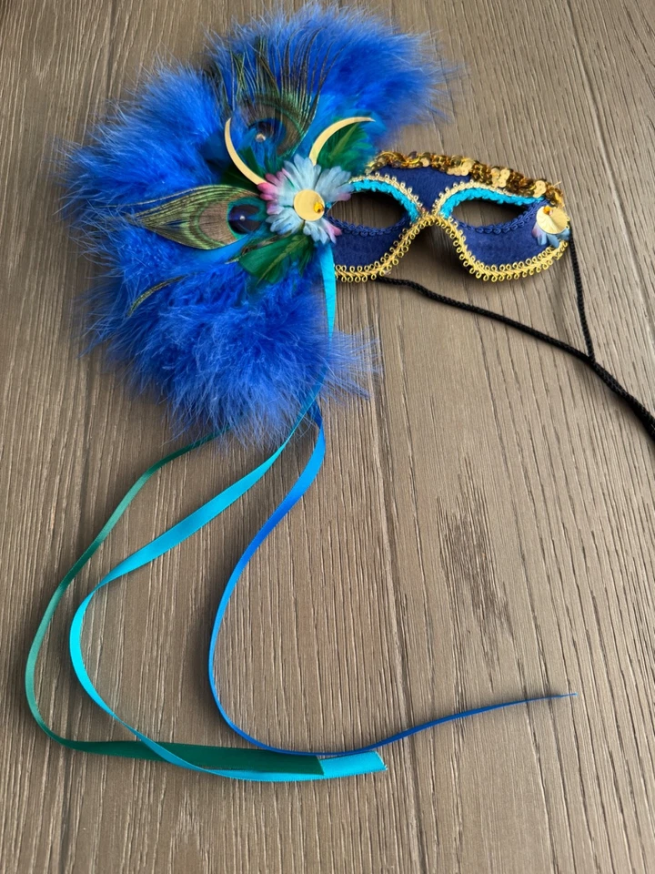 Vintage Gypsy Renaissance Large Blue  Bedazzled Feathered Masquerade Mask - Image 2 of 4