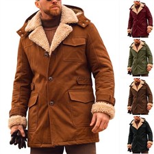 Men Single Breasted Hooded Mid  Length Coat Warm Winter Outerwear Jacket