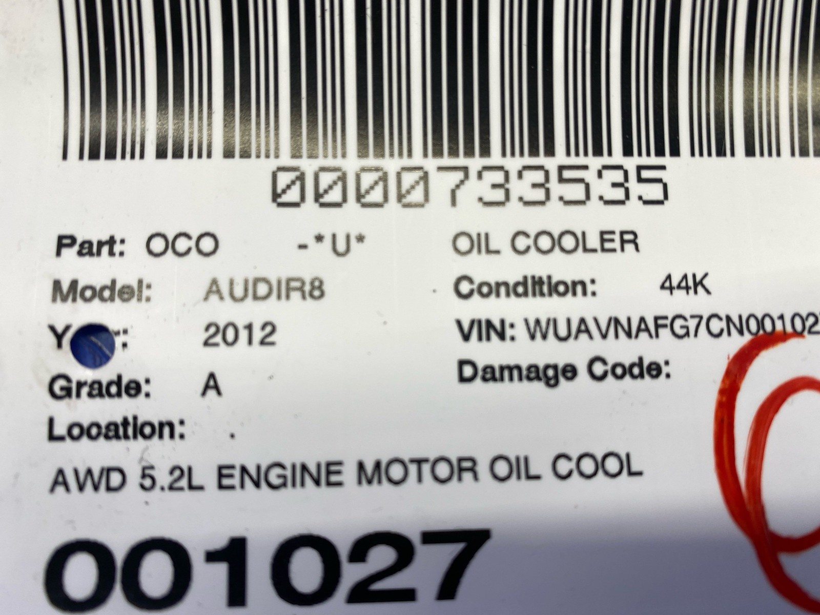 2008-2015 Audi R8 v10 Oem Awd 5.2l engine motor oil cooler w/ bracket 427117015