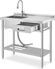 Utility Sink Free Standing Single Bowl  Drawer Storage 304 Stainless Steel Sink