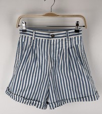 VTG 80s Stripe Short High Waist Pleated White Blue 100 Cotton SZ 5/6