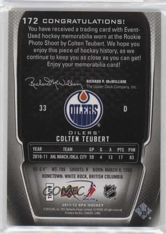 2011-12 SPx SPx Rookie Jerseys /799 Colten Teubert #172 Rookie RC - Image 2 of 2