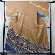 Vintage Japanese Silk Kimono Robe Gold Brown with Gold Accents