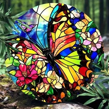 2D Flat, 1pc Vintage Stained Glass Art Print Round Aluminum Wall Decor - Colorfu