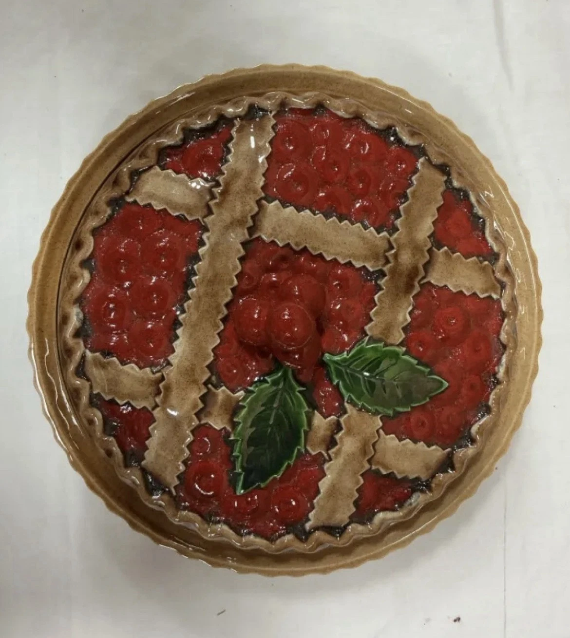 Vintage Ceramica Cherry Pie Carrier Portugal Pottery Covered Dish Lid 12”