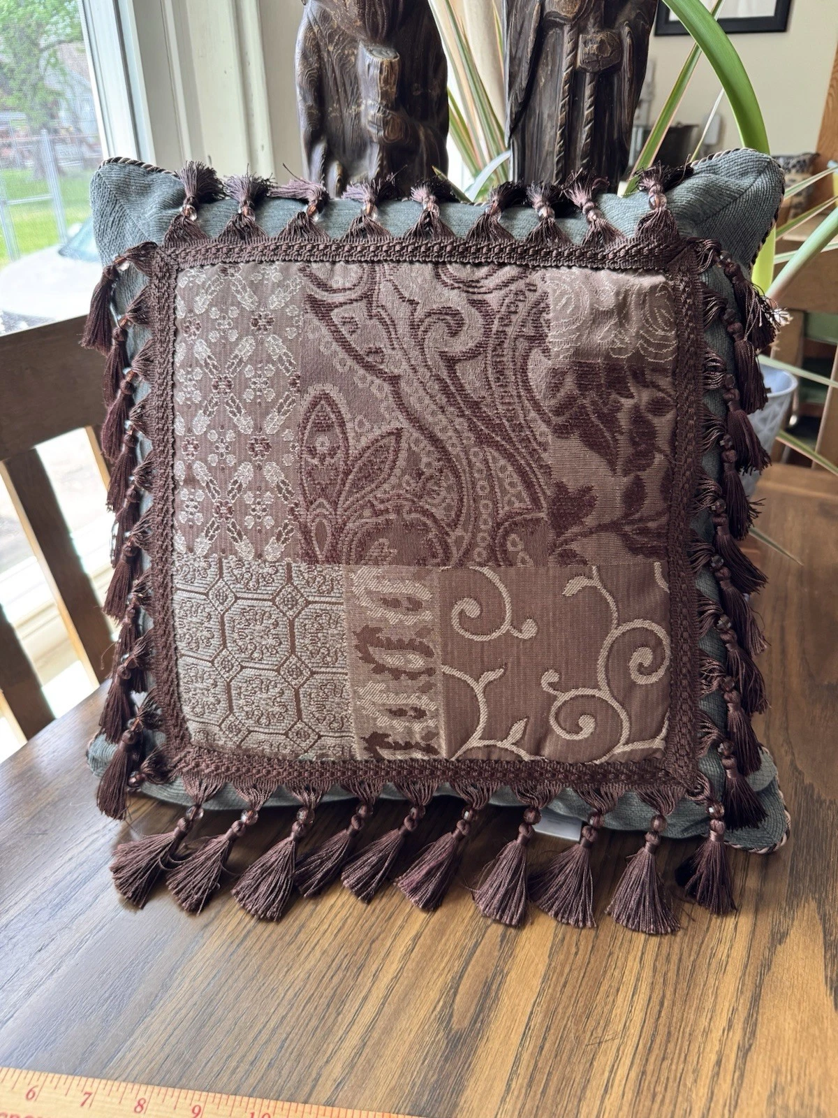 Crosscill Throw Pillow Brown Green Gray Multi Tassels GUC RN21857 17” X 17”