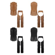 UK Men Cowboy Outfit Tiered Tassel Vest Chaps 2-piece Set Carnivals Themed Party