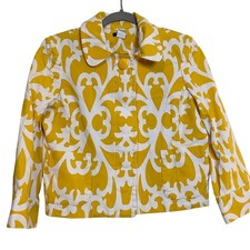 J.Crew Yellow White Scroll Print Cropped Cotton Jacket Blazer RN77388 Size 6