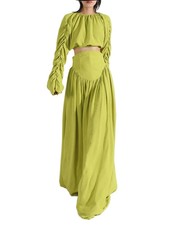 YEHFASHION Citrus Luxe Set - Avant-Garde Ruched Lantern Sleeve Maxi Skirt Gown 2