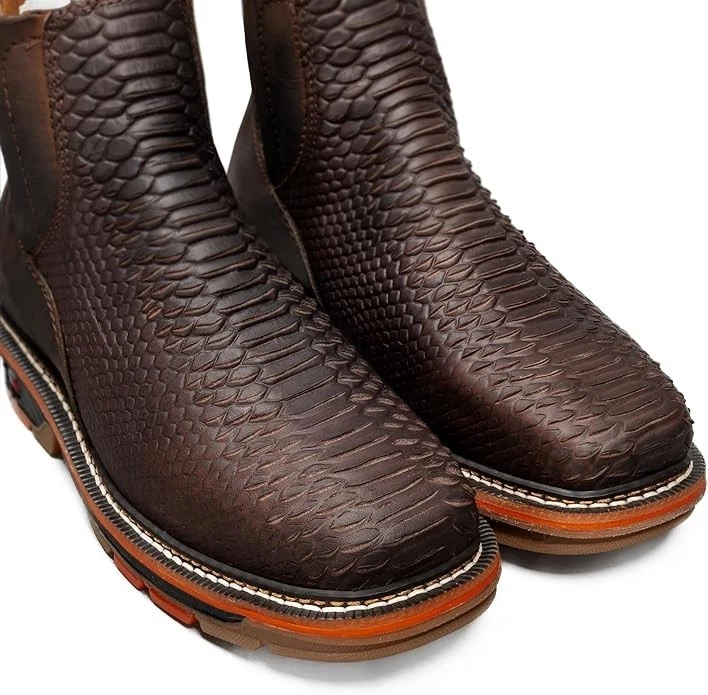 Botas de trabajo al tobillo occidentales exóticas con estampado de pitón punta cuadrada de cuero genuino punta suave Foto 3 de 4