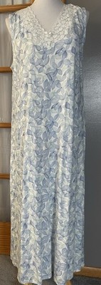 Vtg 70s Liz Claiborne Nightgown Sz L House Dress Blue Floral Lace Trim Hong Kong