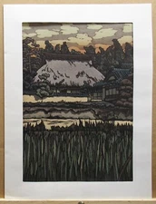 Katsuyuki NISHIJIMA  Modern Japanese Color Woodblock Village & River Listed