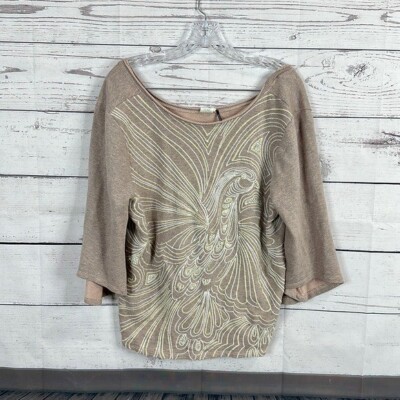 Akemi + Kin Top Shirt Womens Medium Knit Beaded Bird Metallic Embroidered Boxy