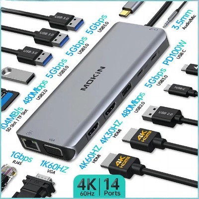 14 in 1 Docking Station Laptop USB 3.0 HDMI 4K 30Hz PD