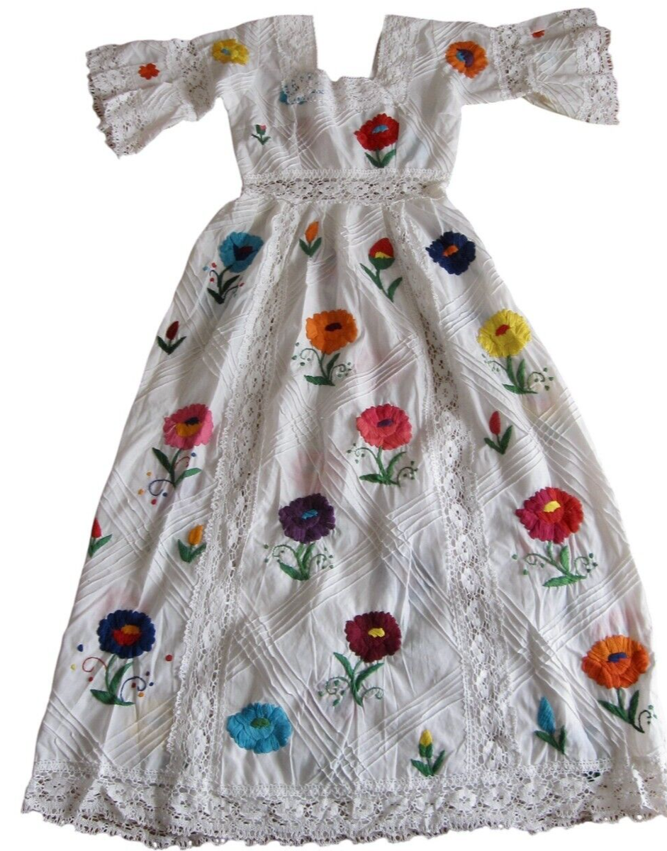 Vintage 80s Embroidered Mexican Wedding Dress White w Brights Lacy Womens  Size M | eBay
