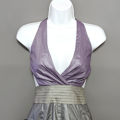 Vestido de fiesta Miso gris metálico púrpura dobladillo burbuja abullonada cuello halter espalda abierta 6 - Imagen 4 de 16