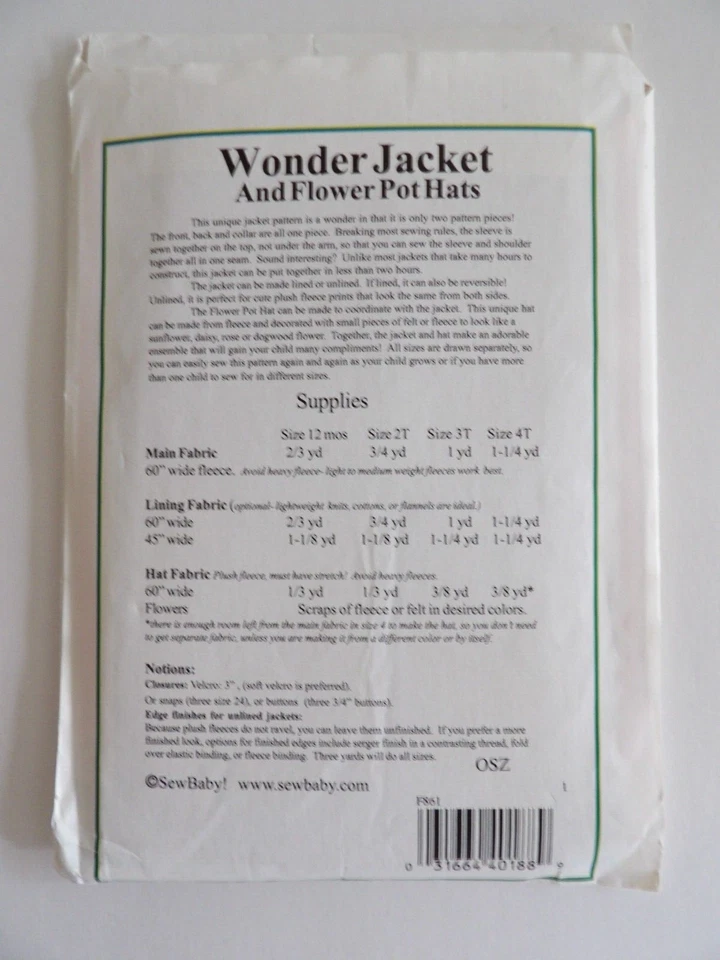 Sew Baby Sewing Pattern F861 Wonder Jacket Flower Pot Hat Toddler 1T-4T - Image 3 of 3