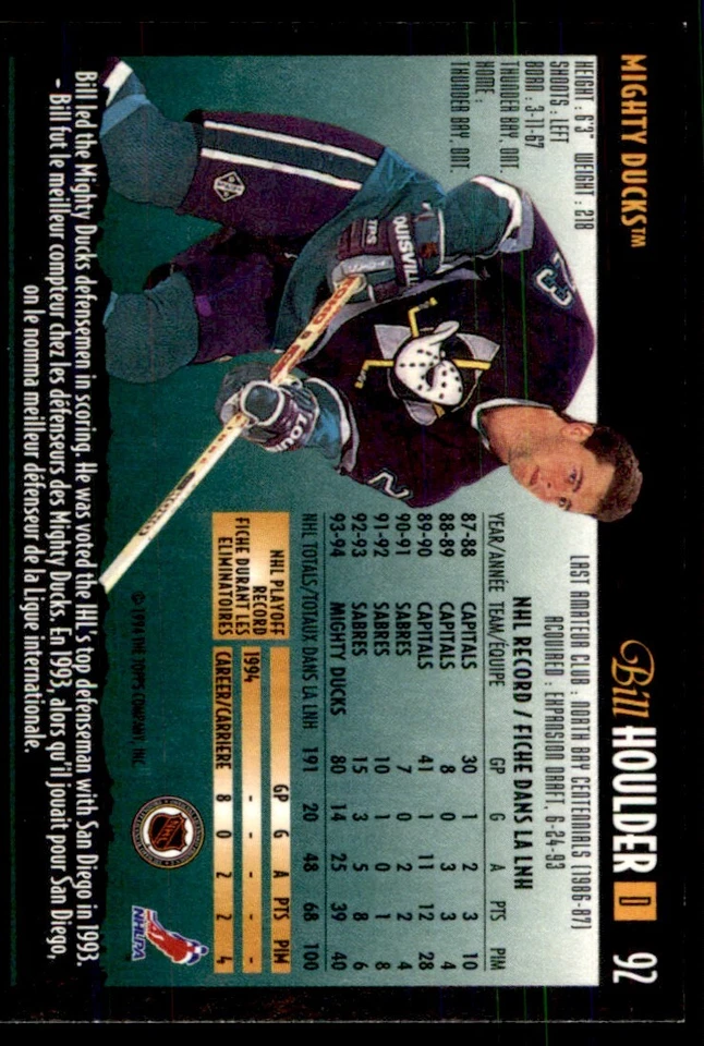 1994-95 Topps Premier Bill Houlder Anaheim Mighty Ducks #92 - Image 2 of 2