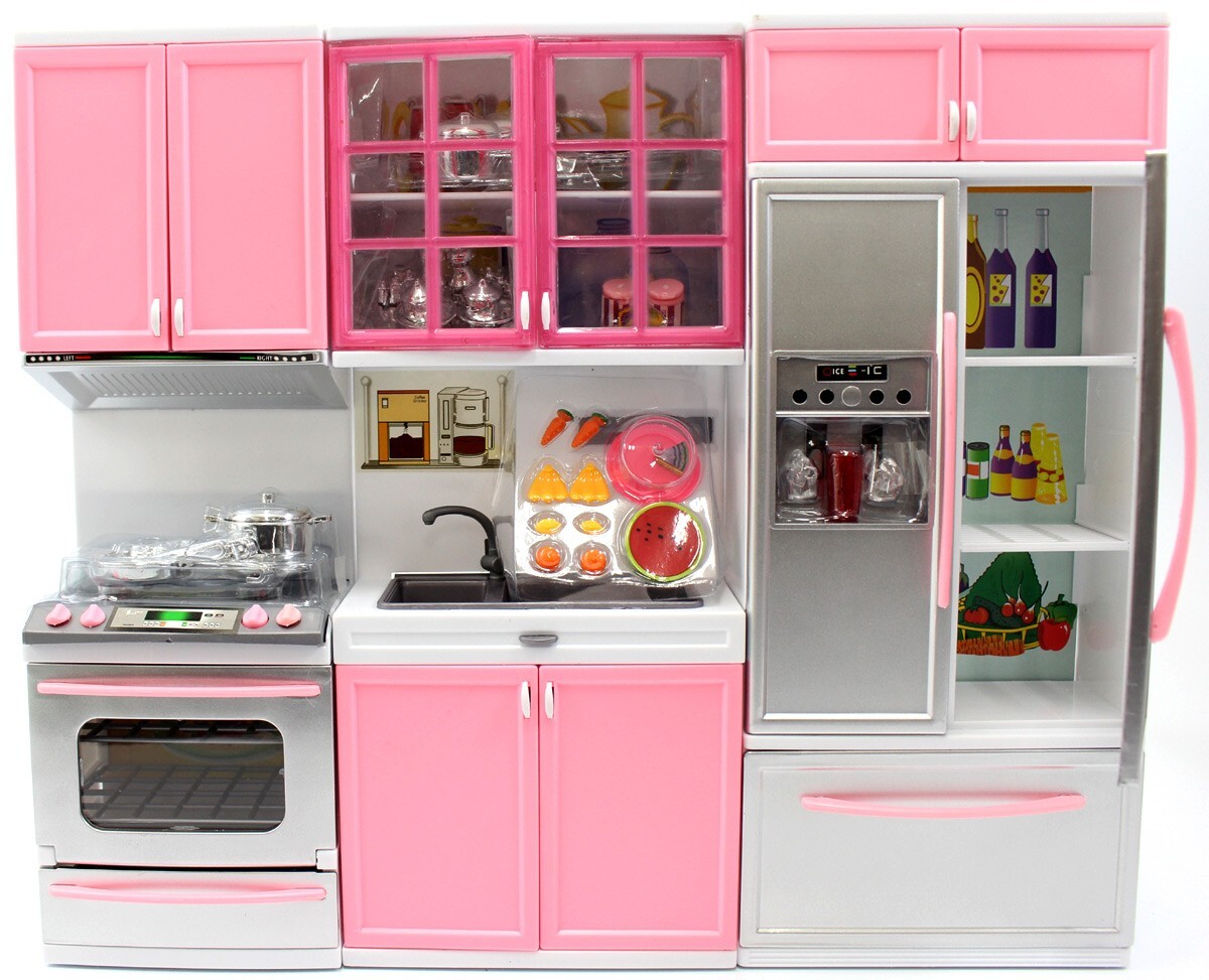 Modern Full Kitchen Cooking Play Set Refrigerator Oven & Cupboards For Kids Pink