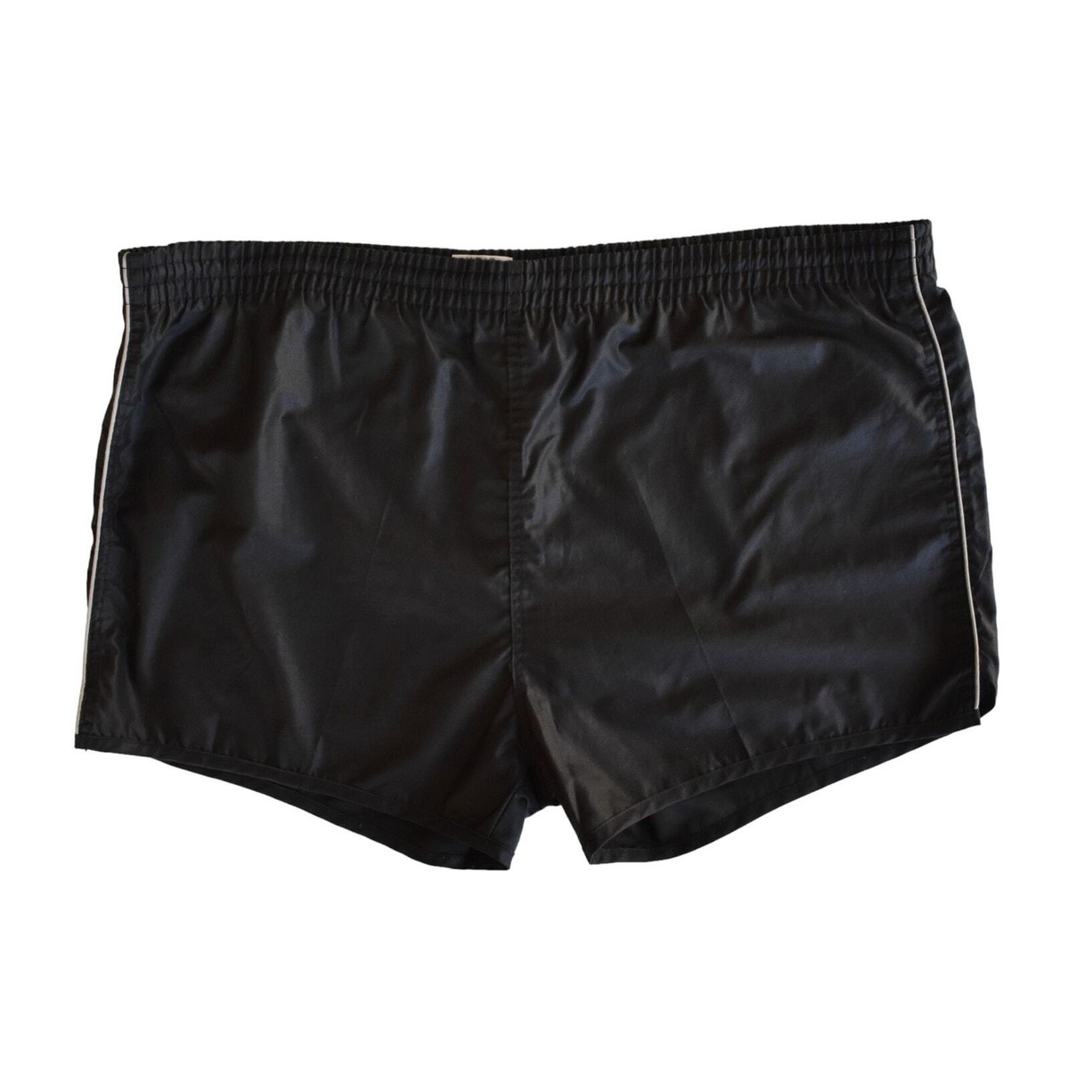 Vintage 80s Black Shiny Shorts Nylon Lined Swim Trunks Size XL