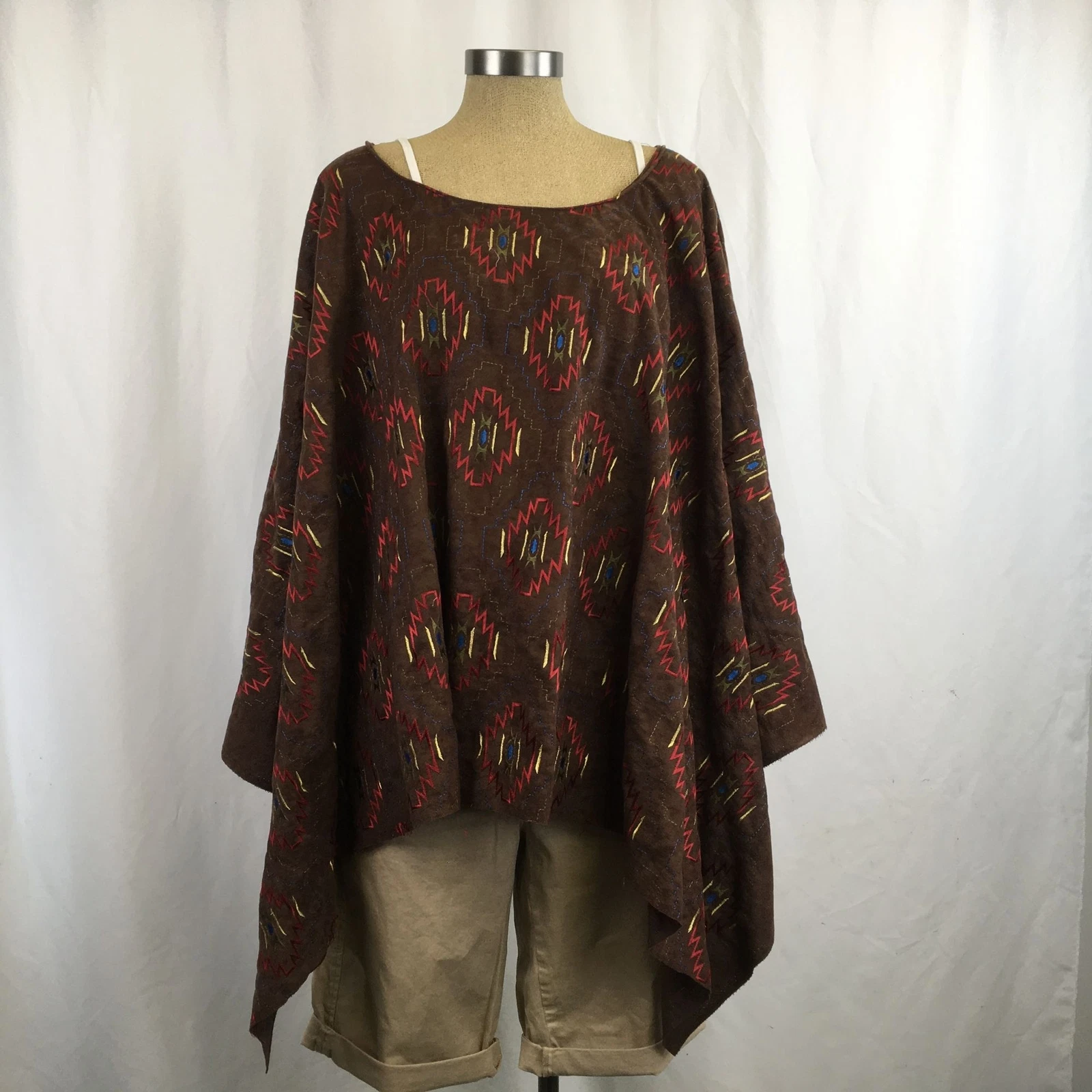 Southwestern Brown Poncho One Size FIts Most Geometric Embroidered