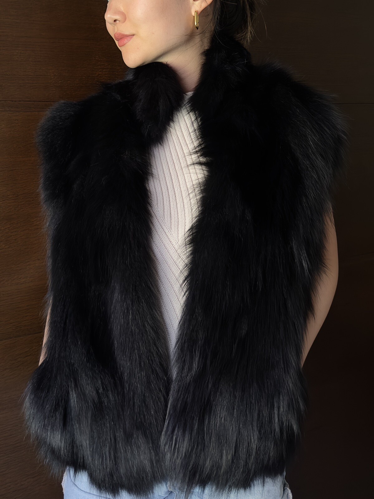 Adrienne Landau Fox and Rabbit Fur Vest, Black, Size Medium