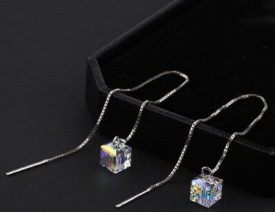 Crystal Threaded Earrings  Silver Chain FREE SAME DAY SHIPPING 