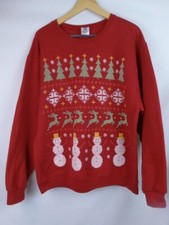 Ugly Christmas Sweatshirt Adult Size Large Jerzees Red Snowman Reindeer Top