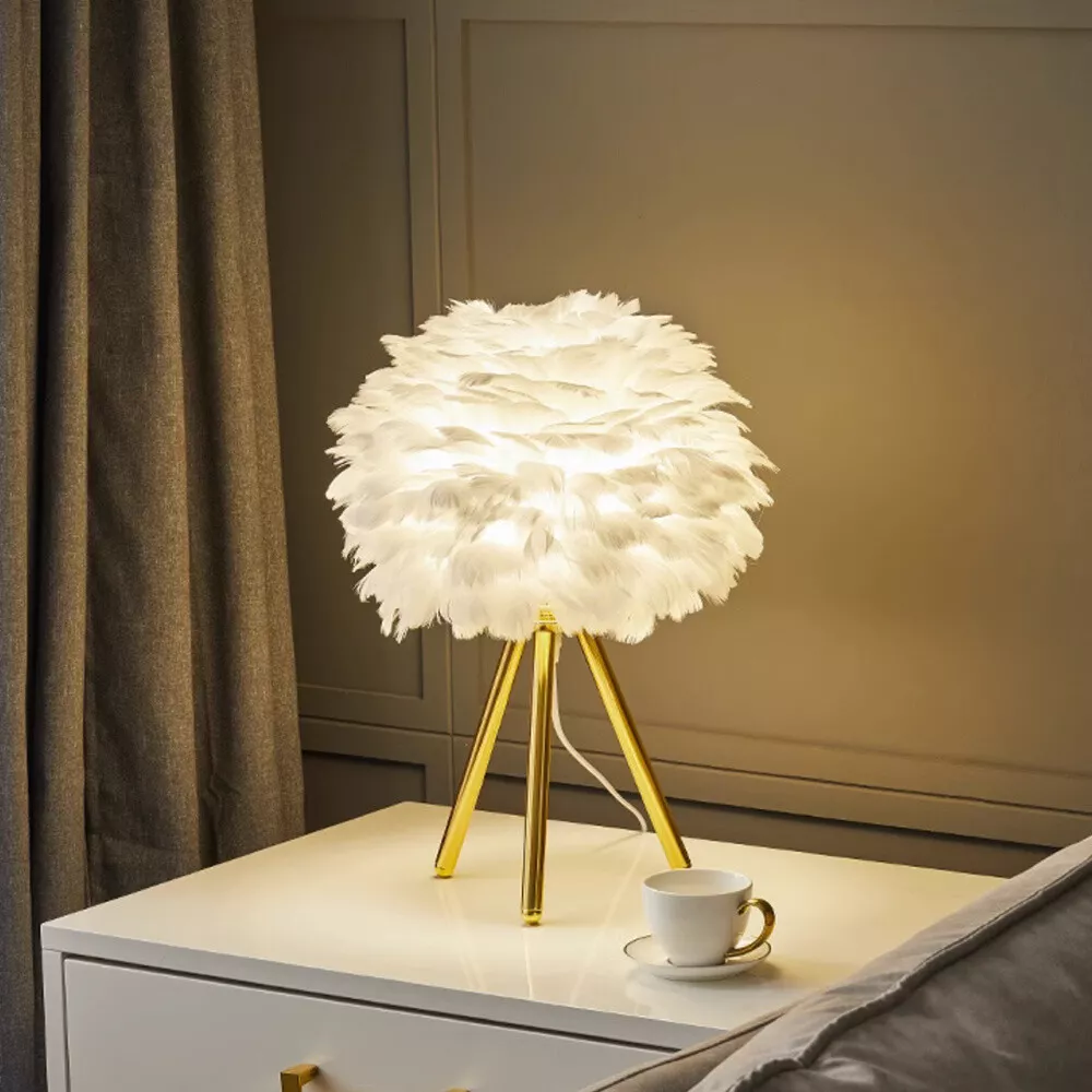 Feather Lampshade Night Light Tabletop Wedding Gift Kids Room Bedside Light Lamp