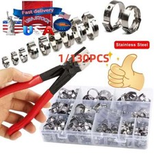 130PCS Single Ear Stepless Hose Clamps 304 Stainless Steel Ear Hose Clamps Plier