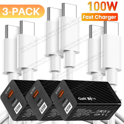 For MacBook Samsung 65W Fast Wall Charger PD Adapter 100W USB Type C Cable Lot