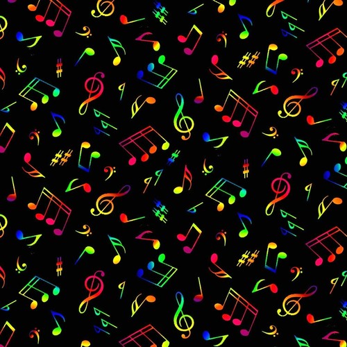 Fabric Rainbow Neon Music Notes Black on Black ELIZABETH Cotton 1/4 Yard 295 - 第 1/6 張圖片