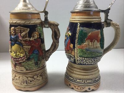 3 Beer Stein Music Box German Bar Scene Flute Player Lady Dancing 9 1/2  Color