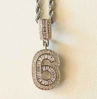 Lucky Number 6 Pendant Charm Men's Women's Icy 14k White Gold Chain Icy ...