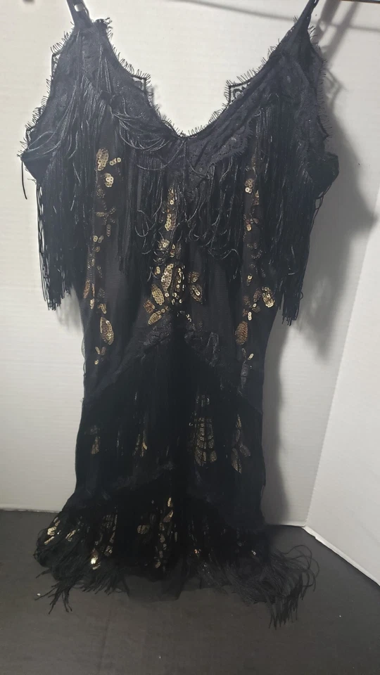 Vestido para mujer L LG negro dorado lentejuelas flecos aleta JOYAS y accesorios años 20 Foto 3 de 4