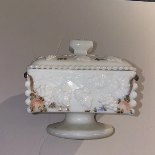 WESTMORELAND MILK GLASS BEADED PEDESTAL CANDY DISHw/ GRAPES /ROSES HAND PAINTED
