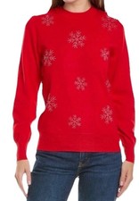 Nanette Lepore Women's Red Bling Rhinestone Snowflake Soft Thin Sweater 8 EUC