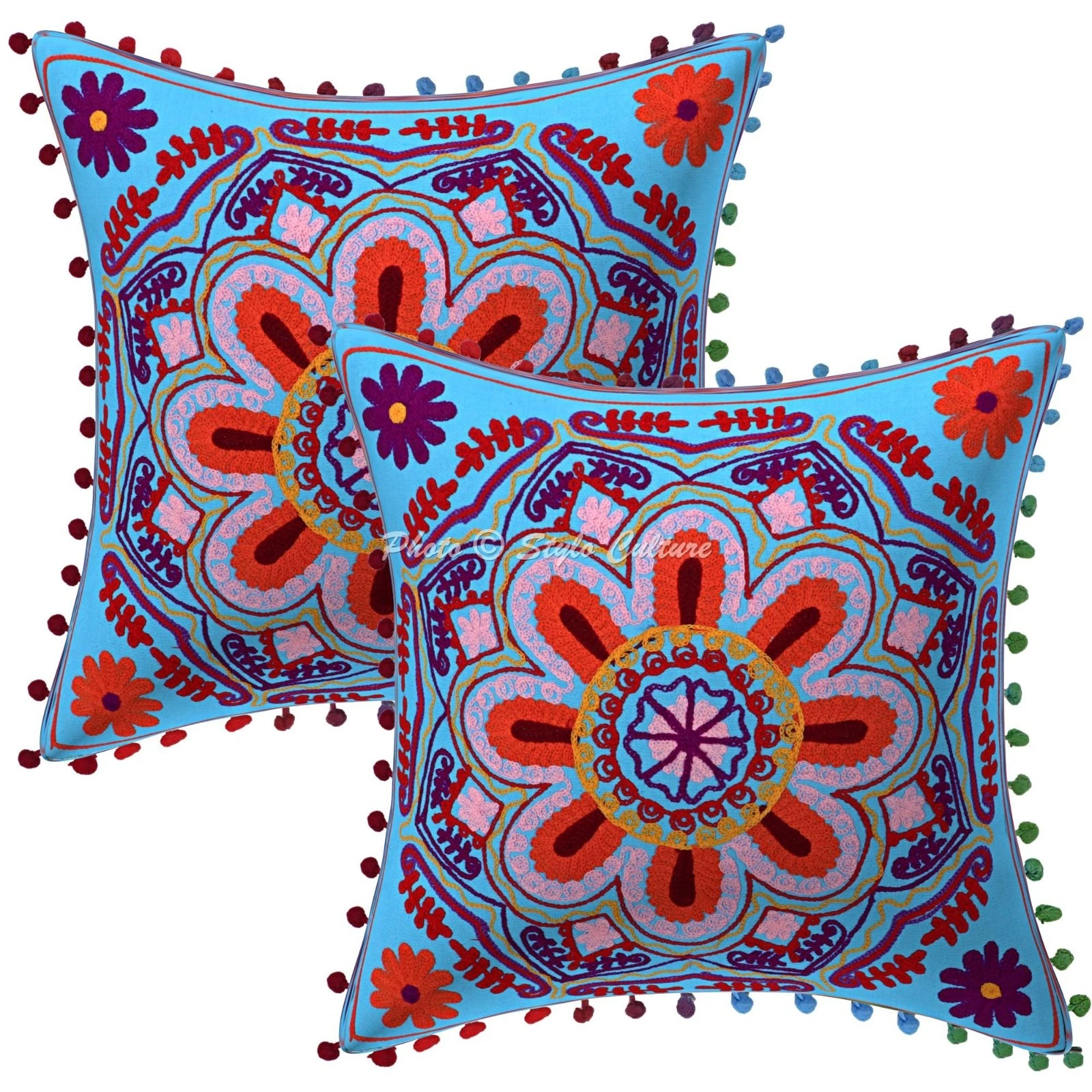 Bohemian Suzani Embroidered Throw Pillow Covers Pom Pom Cotton Floral Home Decor